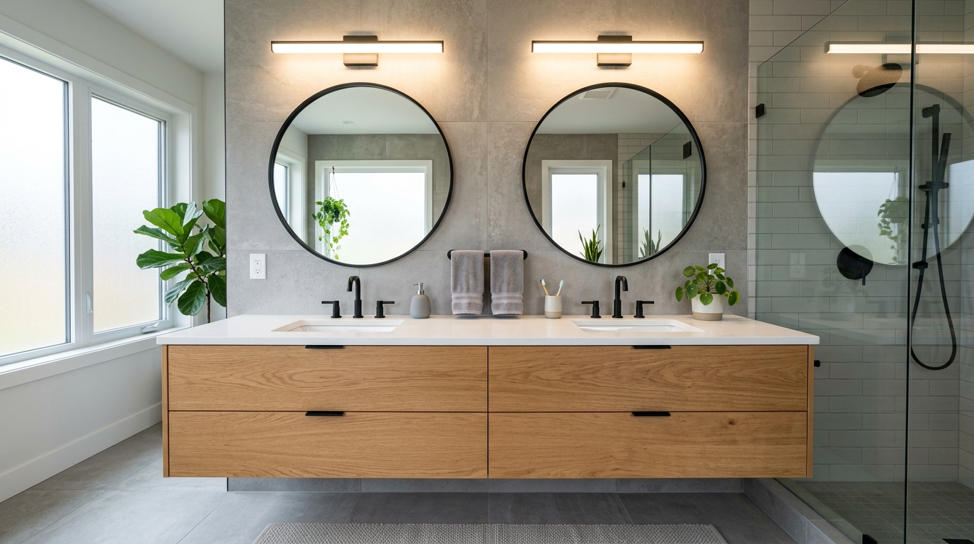 Use a large mirror to expand a small bathroom